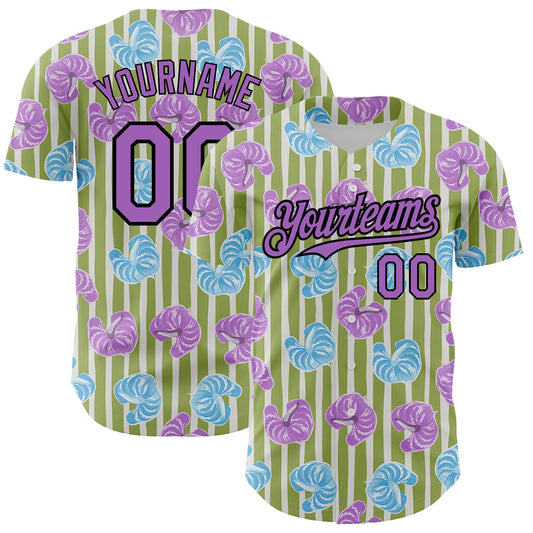Custom Olive Medium Purple-Black 3D Pattern Design Tropical Anthurium Flower Authentic Baseball Jersey - Sky-Custom