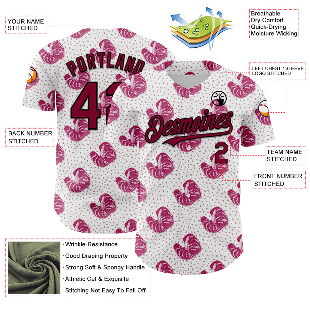 Custom White Maroon-Black 3D Pattern Design Tropical Anthurium Flower Authentic Baseball Jersey - Sky-Custom