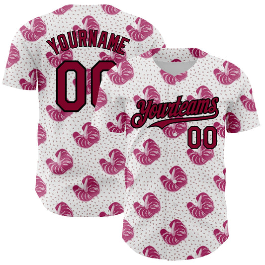 Custom White Maroon-Black 3D Pattern Design Tropical Anthurium Flower Authentic Baseball Jersey - Sky-Custom