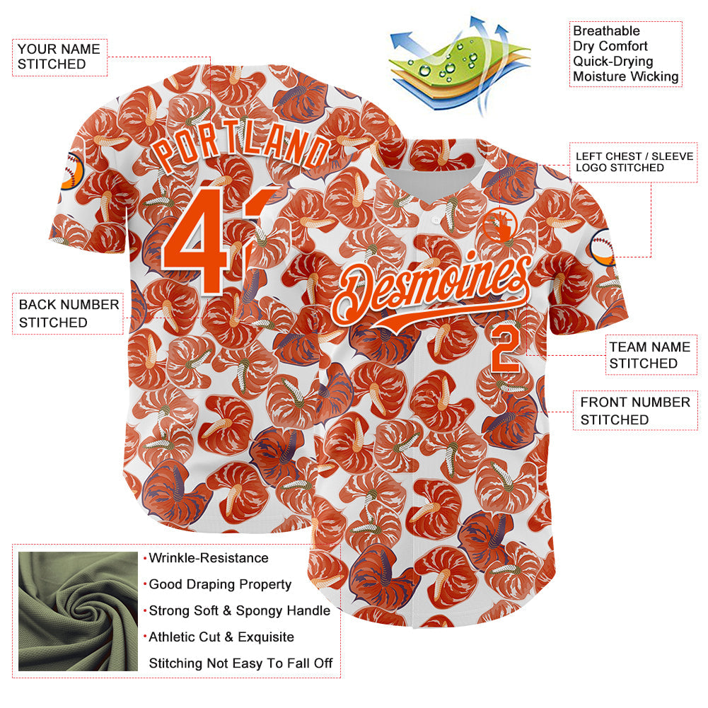 Custom White Orange 3D Pattern Design Tropical Anthurium Flower Authentic Baseball Jersey - Sky-Custom