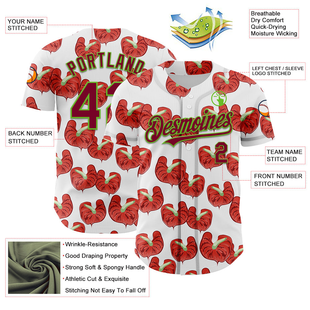 Custom White Maroon-Aurora Green 3D Pattern Design Tropical Anthurium Flower Authentic Baseball Jersey - Sky-Custom