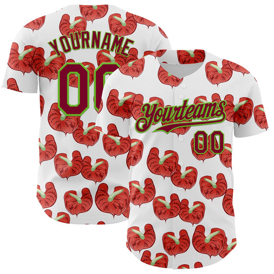 Custom White Maroon-Aurora Green 3D Pattern Design Tropical Anthurium Flower Authentic Baseball Jersey - Sky-Custom