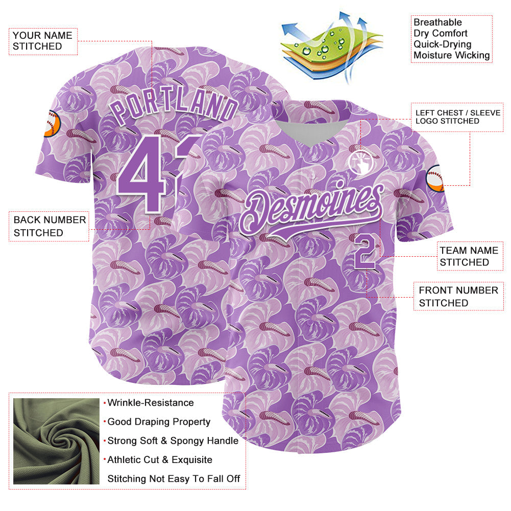 Custom Light Purple White 3D Pattern Design Tropical Anthurium Flower Authentic Baseball Jersey - Sky-Custom