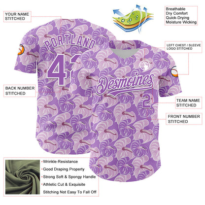 Custom Light Purple White 3D Pattern Design Tropical Anthurium Flower Authentic Baseball Jersey - Sky-Custom