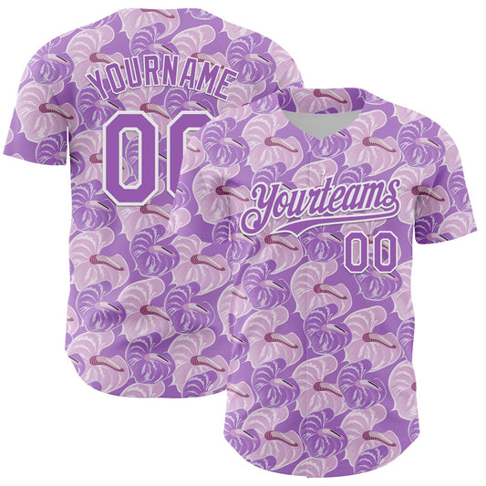 Custom Light Purple White 3D Pattern Design Tropical Anthurium Flower Authentic Baseball Jersey - Sky-Custom