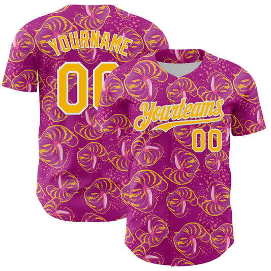 Custom Deep Pink Gold-White 3D Pattern Design Tropical Anthurium Flower Authentic Baseball Jersey - Sky-Custom