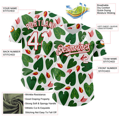 Custom White Red 3D Pattern Design Tropical Anthurium Flower Authentic Baseball Jersey - Sky-Custom