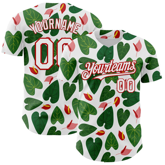 Custom White Red 3D Pattern Design Tropical Anthurium Flower Authentic Baseball Jersey - Sky-Custom