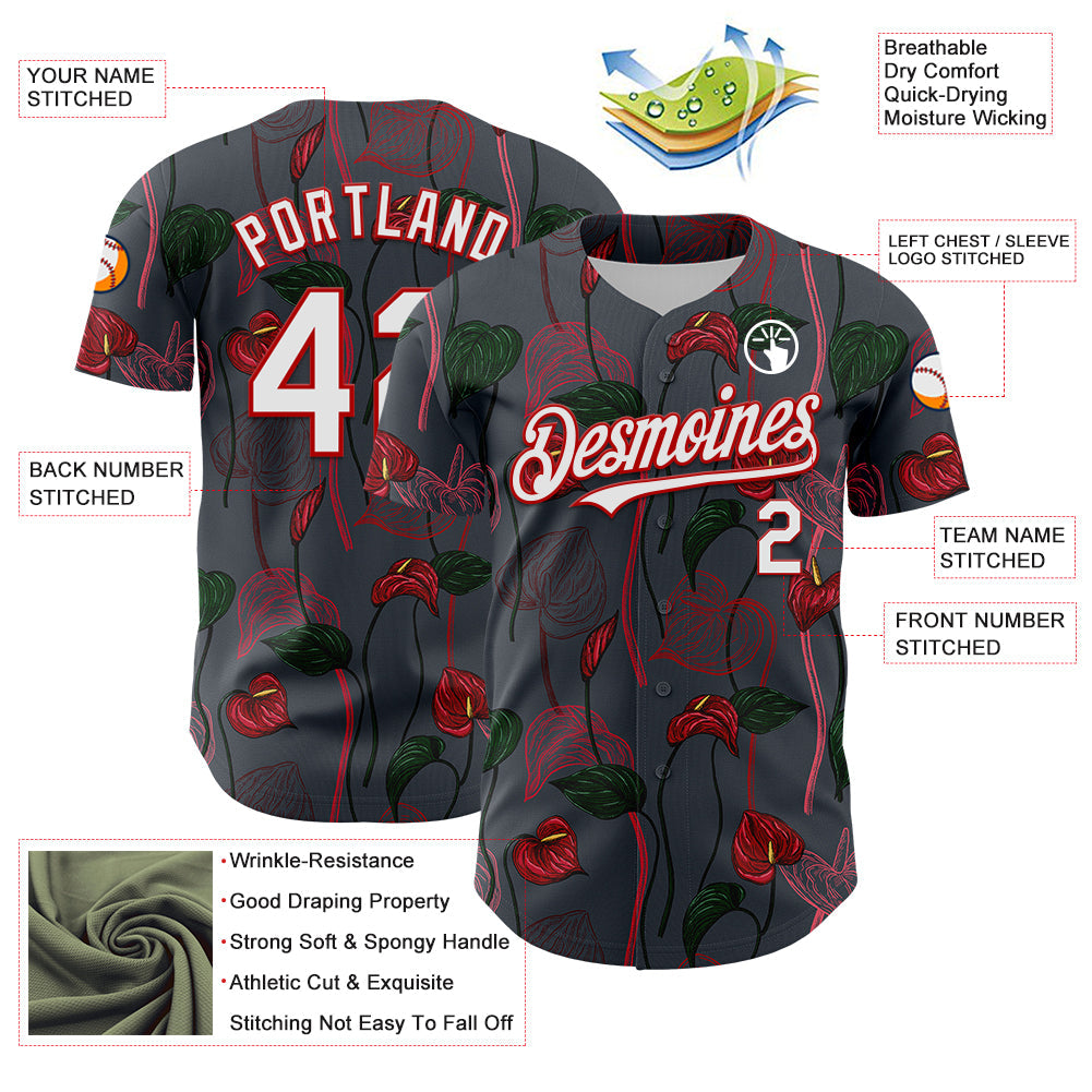 Custom Gray White-Red 3D Pattern Design Tropical Anthurium Flower Authentic Baseball Jersey - Sky-Custom