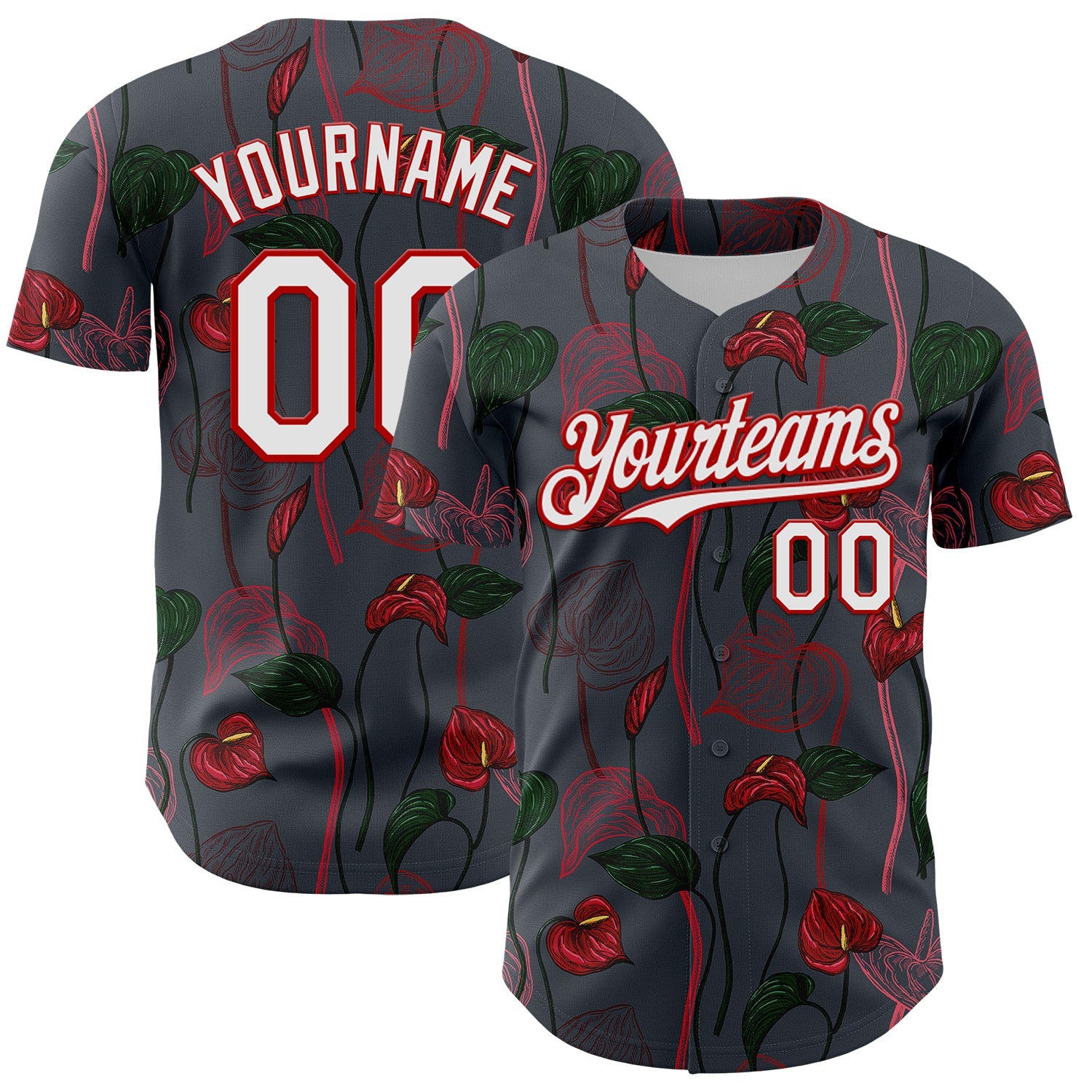 Custom Gray White-Red 3D Pattern Design Tropical Anthurium Flower Authentic Baseball Jersey - Sky-Custom