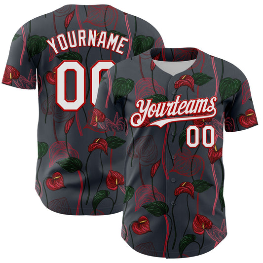 Custom Gray White-Red 3D Pattern Design Tropical Anthurium Flower Authentic Baseball Jersey - Sky-Custom