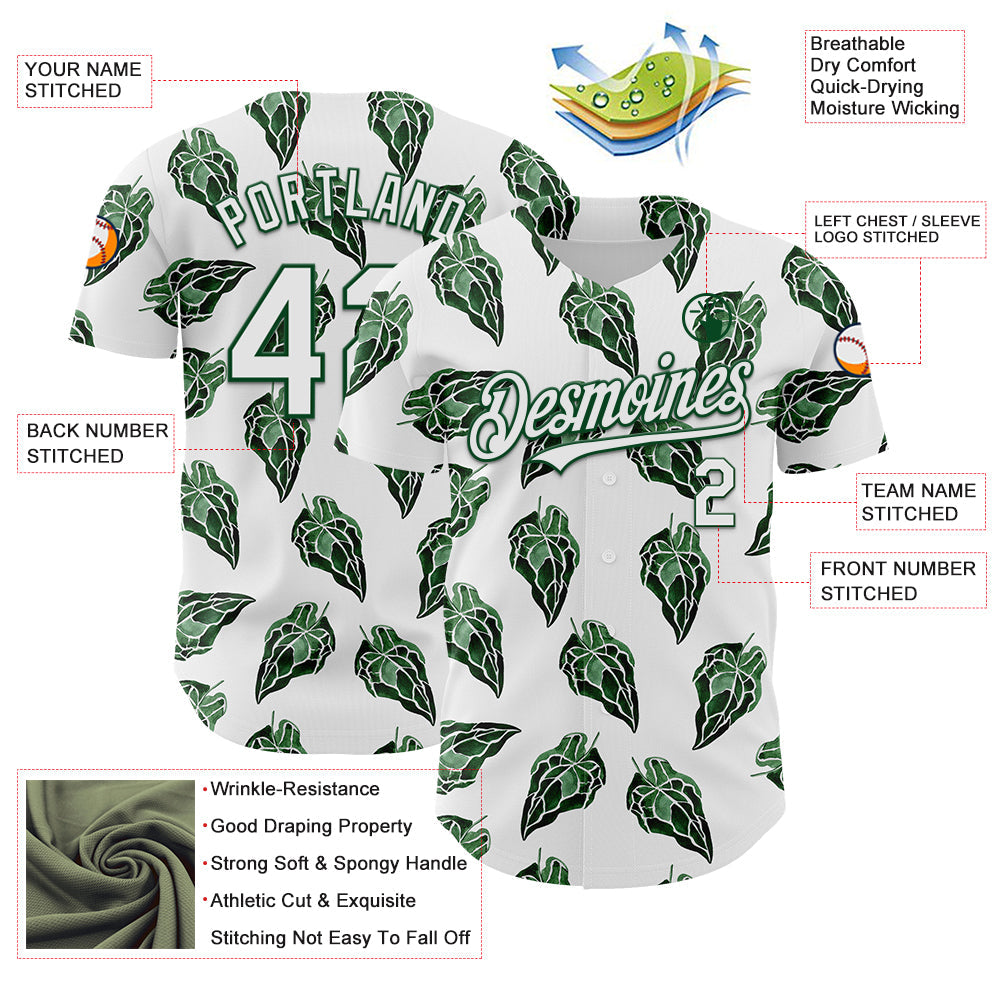 Custom White Kelly Green 3D Pattern Design Tropical Anthurium Crystal Authentic Baseball Jersey - Sky-Custom
