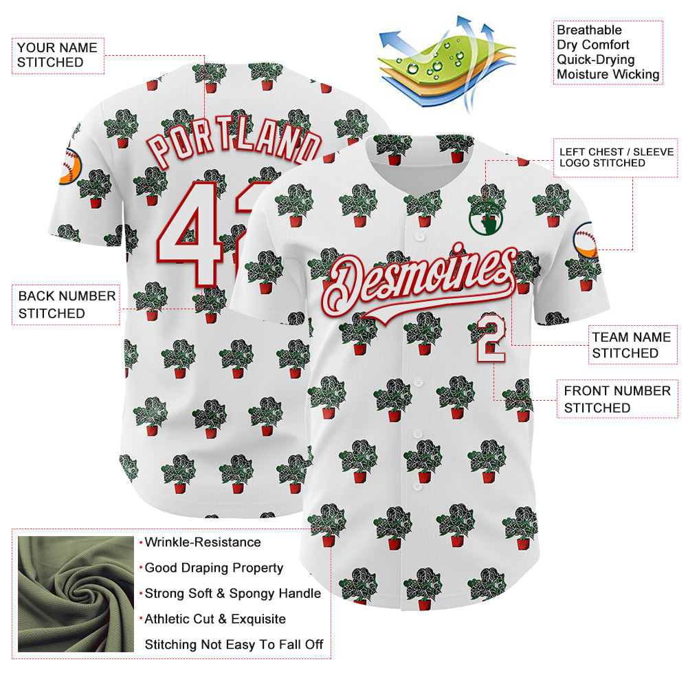 Custom White Red 3D Pattern Design Tropical Anthurium Crystal Authentic Baseball Jersey - Sky-Custom