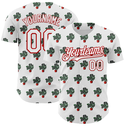 Custom White Red 3D Pattern Design Tropical Anthurium Crystal Authentic Baseball Jersey - Sky-Custom