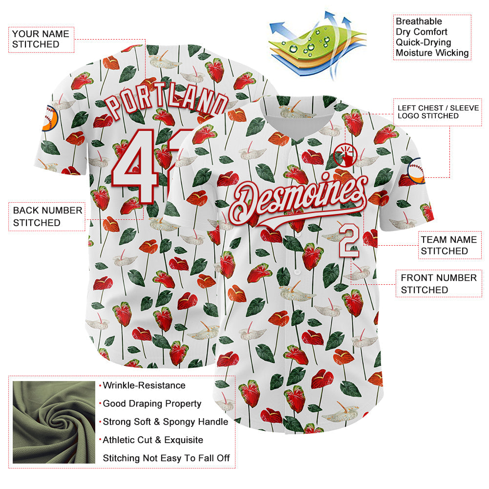 Custom White Red 3D Pattern Design Tropical Anthurium Flower Authentic Baseball Jersey - Sky-Custom