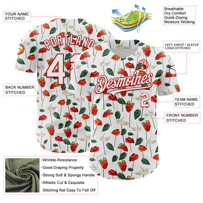 Custom White Red 3D Pattern Design Tropical Anthurium Flower Authentic Baseball Jersey - Sky-Custom