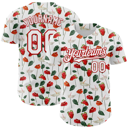 Custom White Red 3D Pattern Design Tropical Anthurium Flower Authentic Baseball Jersey - Sky-Custom