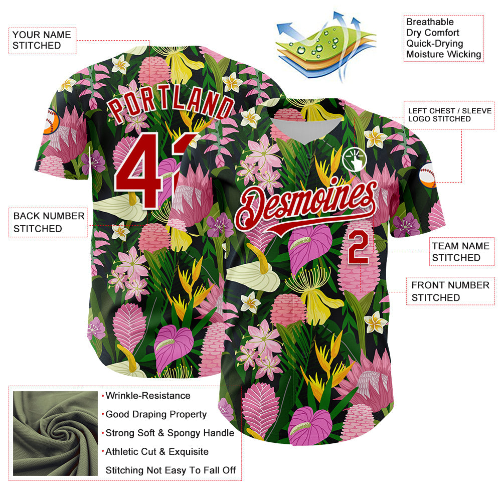 Custom Kelly Green Red-White 3D Pattern Design Tropical Anthurium Flower Authentic Baseball Jersey - Sky-Custom