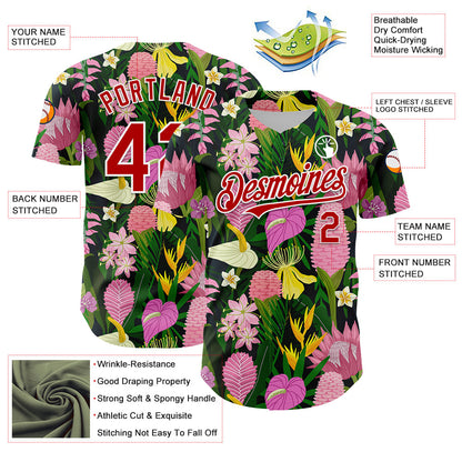Custom Kelly Green Red-White 3D Pattern Design Tropical Anthurium Flower Authentic Baseball Jersey - Sky-Custom