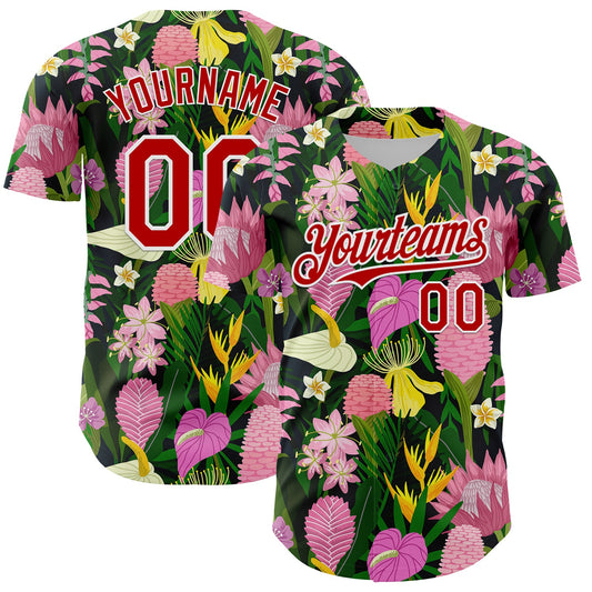 Custom Kelly Green Red-White 3D Pattern Design Tropical Anthurium Flower Authentic Baseball Jersey - Sky-Custom