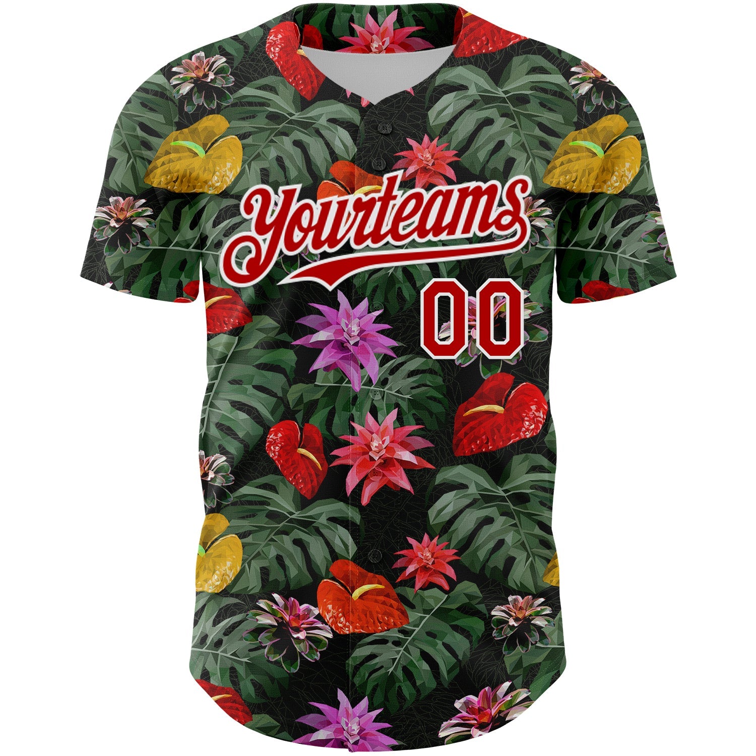 Custom Kelly Green Red-White 3D Pattern Design Tropical Anthurium Flower Authentic Baseball Jersey - Sky-Custom