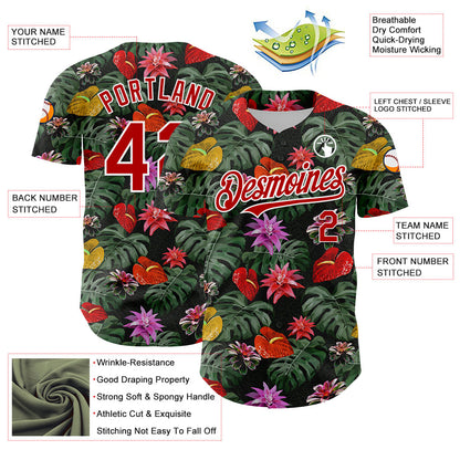 Custom Kelly Green Red-White 3D Pattern Design Tropical Anthurium Flower Authentic Baseball Jersey - Sky-Custom