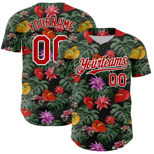 Custom Kelly Green Red-White 3D Pattern Design Tropical Anthurium Flower Authentic Baseball Jersey - Sky-Custom