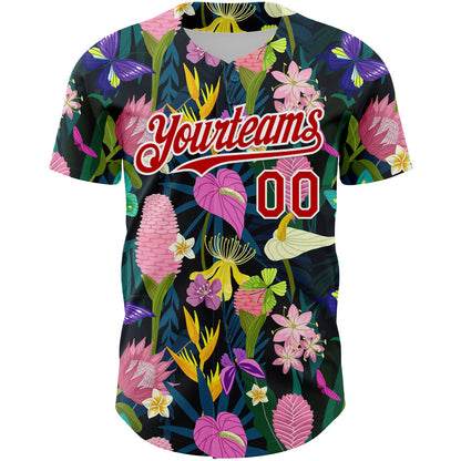 Custom Black Red-White 3D Pattern Design Tropical Anthurium Flower Authentic Baseball Jersey - Sky-Custom