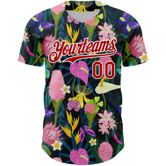 Custom Black Red-White 3D Pattern Design Tropical Anthurium Flower Authentic Baseball Jersey - Sky-Custom