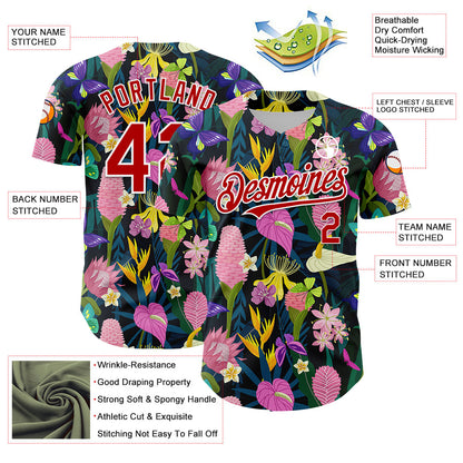 Custom Black Red-White 3D Pattern Design Tropical Anthurium Flower Authentic Baseball Jersey - Sky-Custom