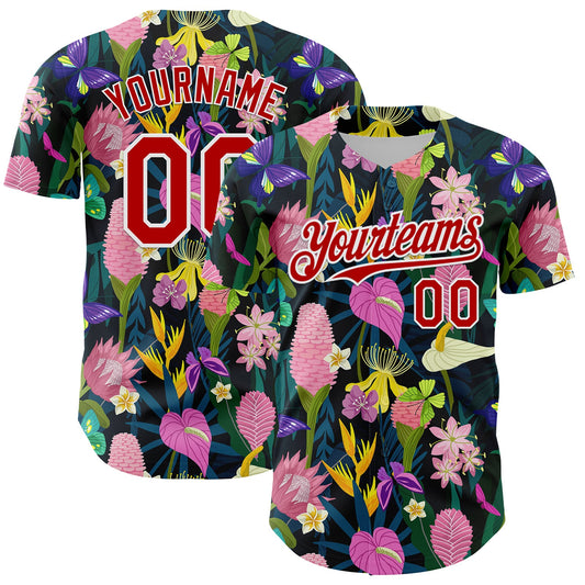 Custom Black Red-White 3D Pattern Design Tropical Anthurium Flower Authentic Baseball Jersey - Sky-Custom