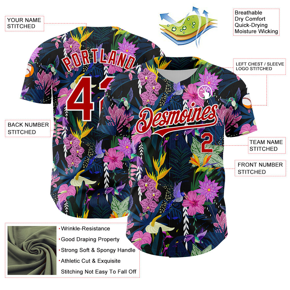 Custom Black Red-White 3D Pattern Design Tropical Anthurium Flower Authentic Baseball Jersey - Sky-Custom