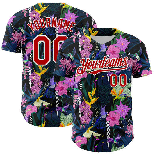 Custom Black Red-White 3D Pattern Design Tropical Anthurium Flower Authentic Baseball Jersey - Sky-Custom