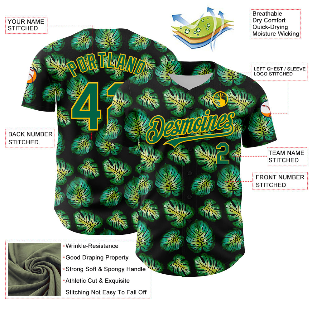 Custom Black Kelly Green-Gold 3D Pattern Design Tropical Monstera Authentic Baseball Jersey - Sky-Custom