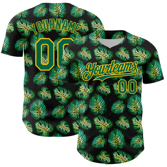 Custom Black Kelly Green-Gold 3D Pattern Design Tropical Monstera Authentic Baseball Jersey - Sky-Custom