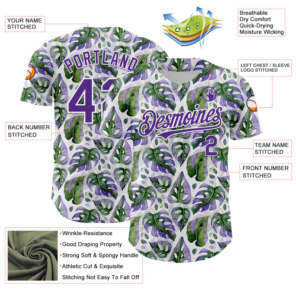 Custom White Purple 3D Pattern Design Tropical Monstera Authentic Baseball Jersey - Sky-Custom