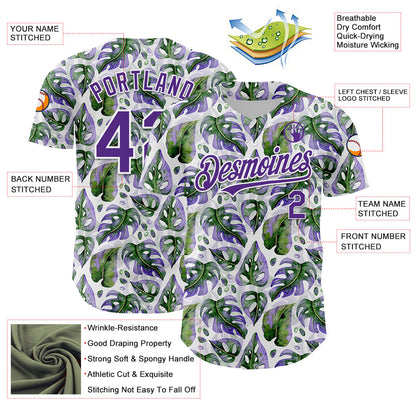 Custom White Purple 3D Pattern Design Tropical Monstera Authentic Baseball Jersey - Sky-Custom