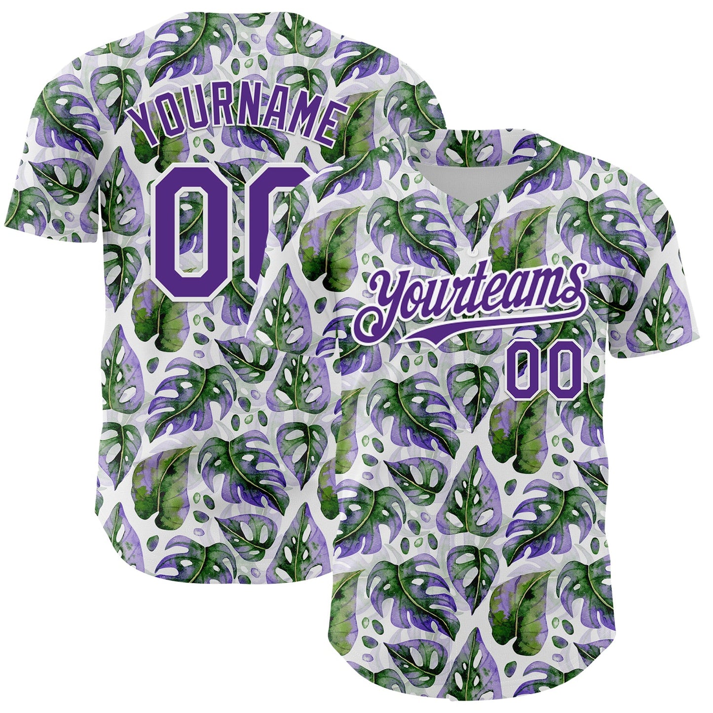 Custom White Purple 3D Pattern Design Tropical Monstera Authentic Baseball Jersey - Sky-Custom