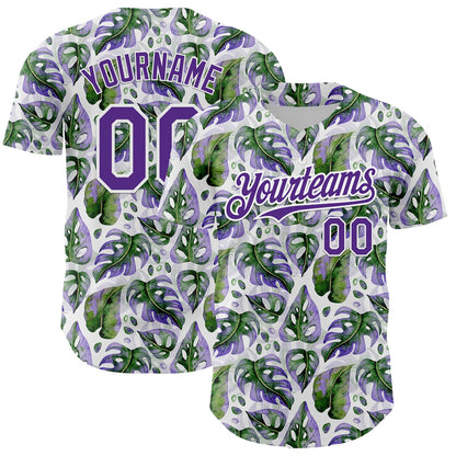 Custom White Purple 3D Pattern Design Tropical Monstera Authentic Baseball Jersey - Sky-Custom