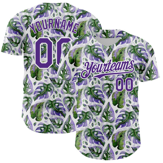 Custom White Purple 3D Pattern Design Tropical Monstera Authentic Baseball Jersey - Sky-Custom