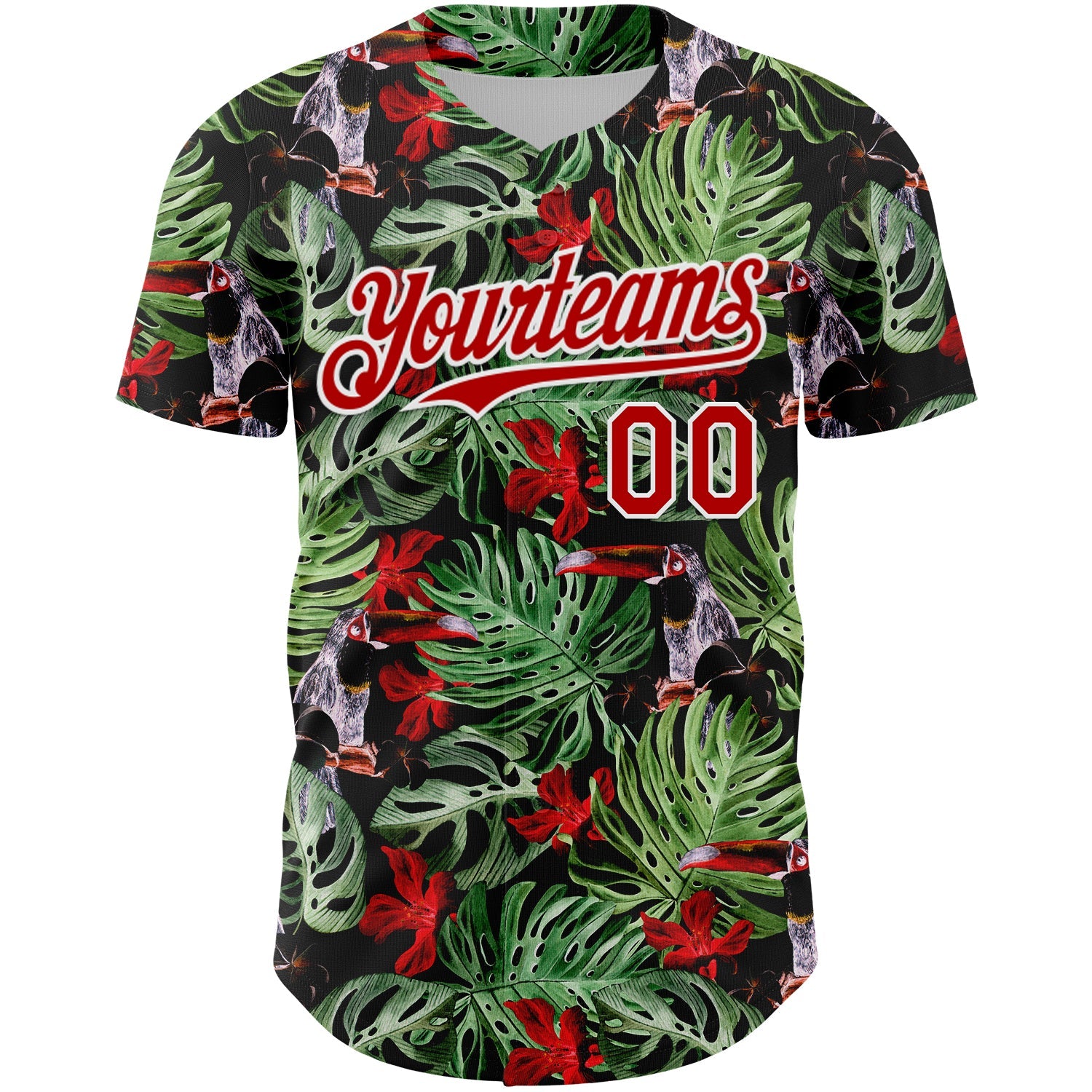 Custom Black Red-White 3D Pattern Design Tropical Plant And Bird Authentic Baseball Jersey - Sky-Custom