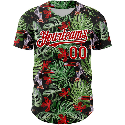 Custom Black Red-White 3D Pattern Design Tropical Plant And Bird Authentic Baseball Jersey - Sky-Custom