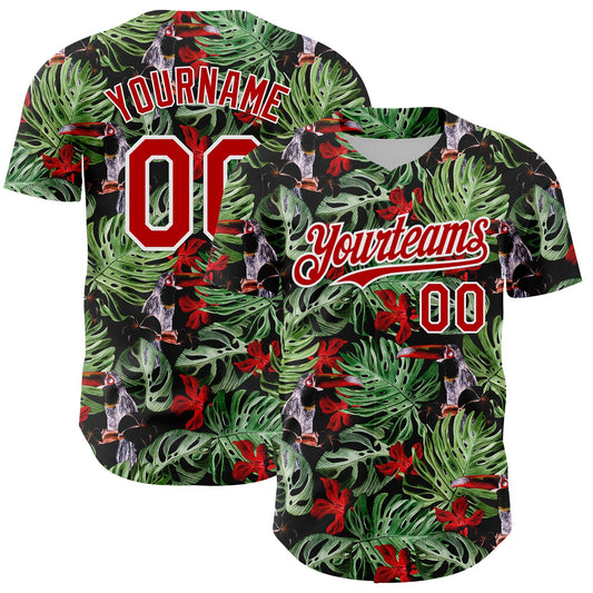 Custom Black Red-White 3D Pattern Design Tropical Plant And Bird Authentic Baseball Jersey - Sky-Custom