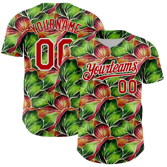 Custom Black Red-White 3D Pattern Design Tropical Plant Authentic Baseball Jersey - Sky-Custom