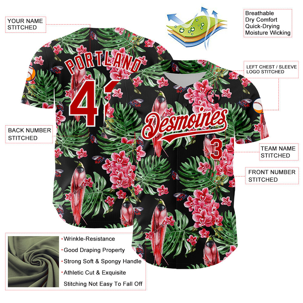 Custom Black Red-White 3D Pattern Design Tropical Plant And Bird Authentic Baseball Jersey - Sky-Custom