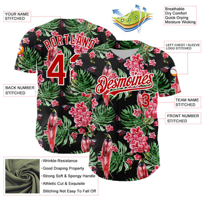 Custom Black Red-White 3D Pattern Design Tropical Plant And Bird Authentic Baseball Jersey - Sky-Custom