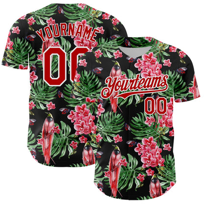 Custom Black Red-White 3D Pattern Design Tropical Plant And Bird Authentic Baseball Jersey - Sky-Custom