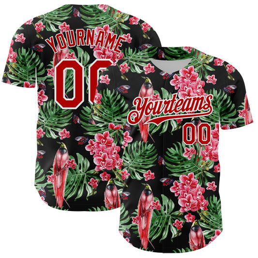 Custom Black Red-White 3D Pattern Design Tropical Plant And Bird Authentic Baseball Jersey - Sky-Custom