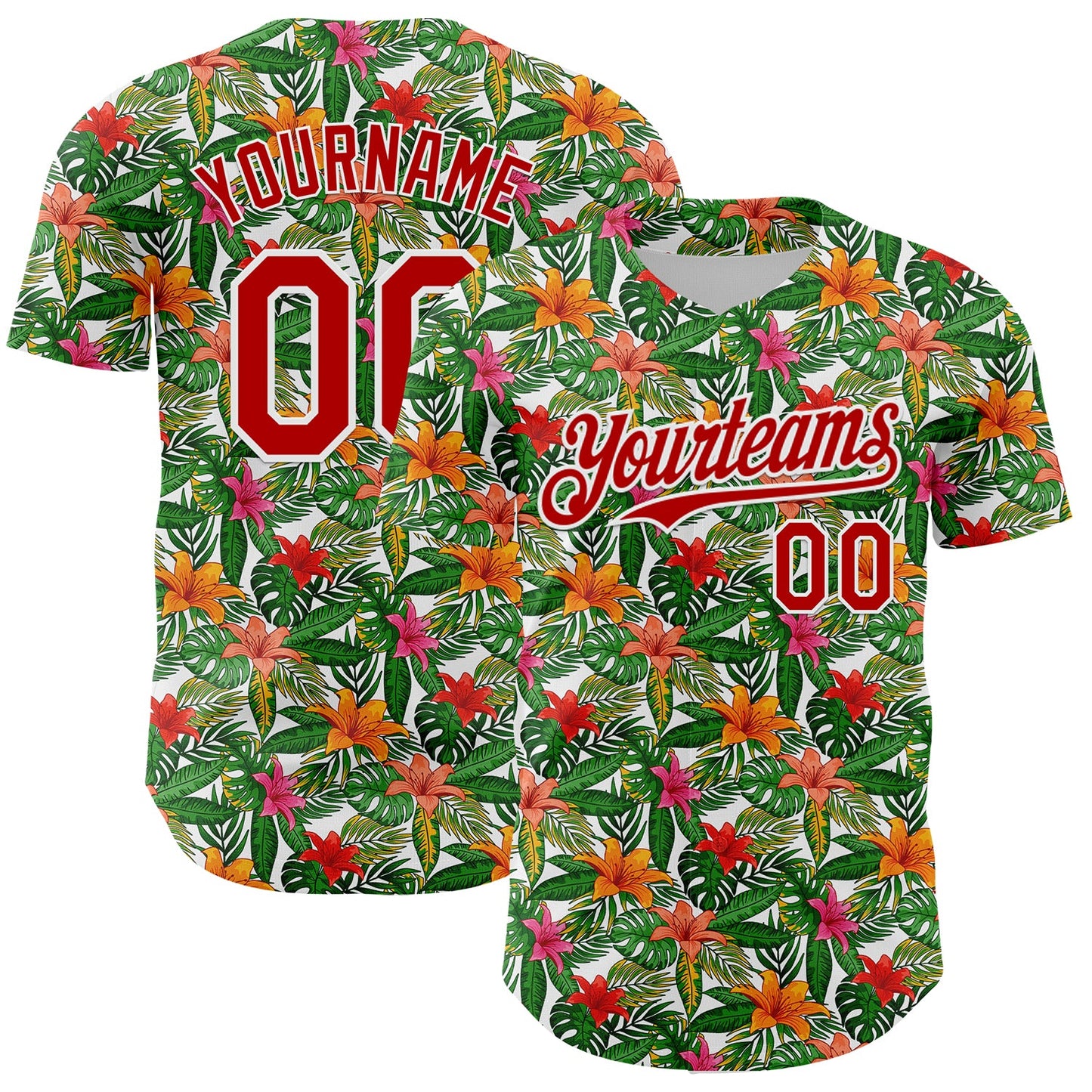 Custom White Red 3D Pattern Design Tropical Flower Authentic Baseball Jersey - Sky-Custom