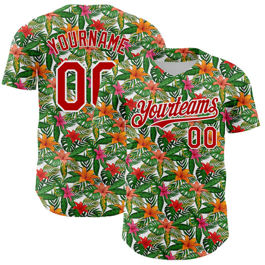 Custom White Red 3D Pattern Design Tropical Flower Authentic Baseball Jersey - Sky-Custom
